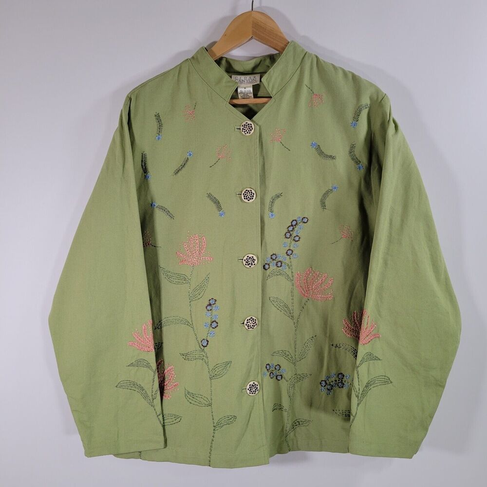 CEDAR CANYON Embroidered Jacket Size M Lime Green Boxy Oversized Floral